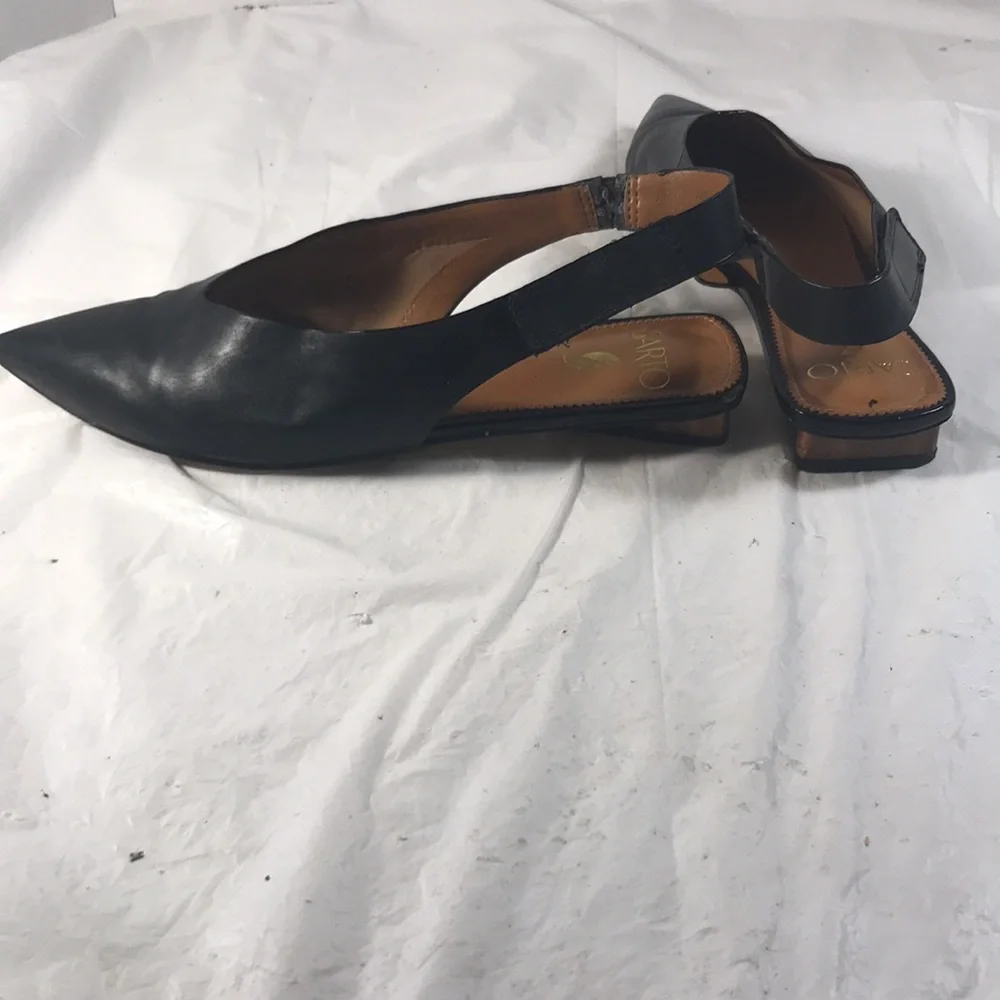 Sarto Women’s Elegant Black Leather Pointy Toe Triangular Heel Slingback Flats